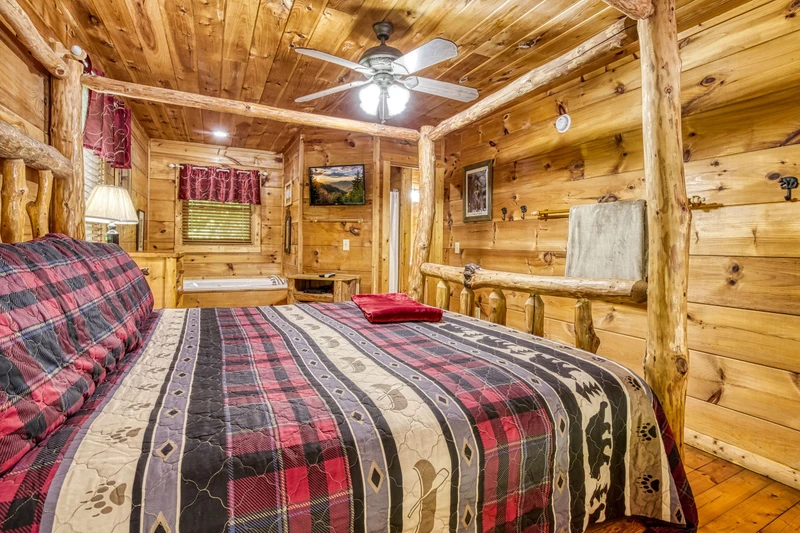 Watch TV from King Bed Naughty Pines Cabin Rental