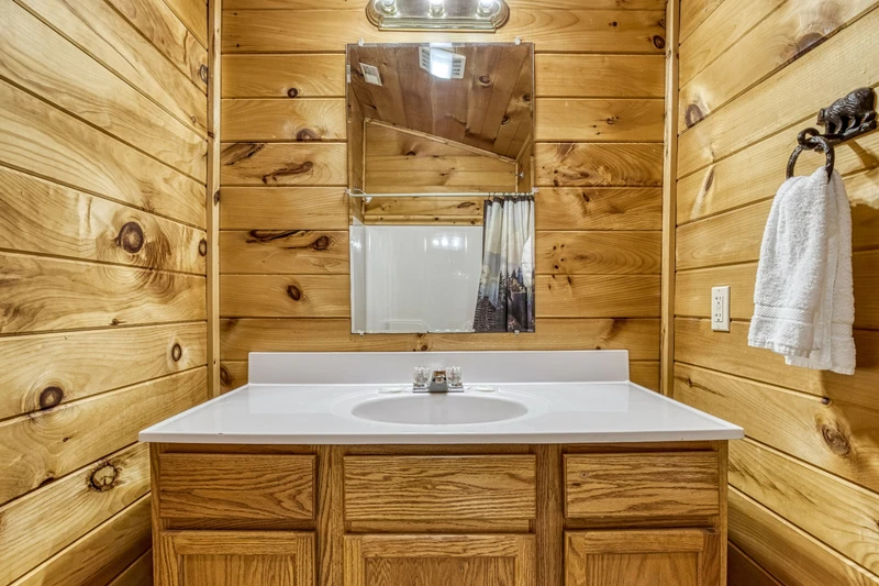 Bearadise Mountain Lodge upper level bathroom with single vanity