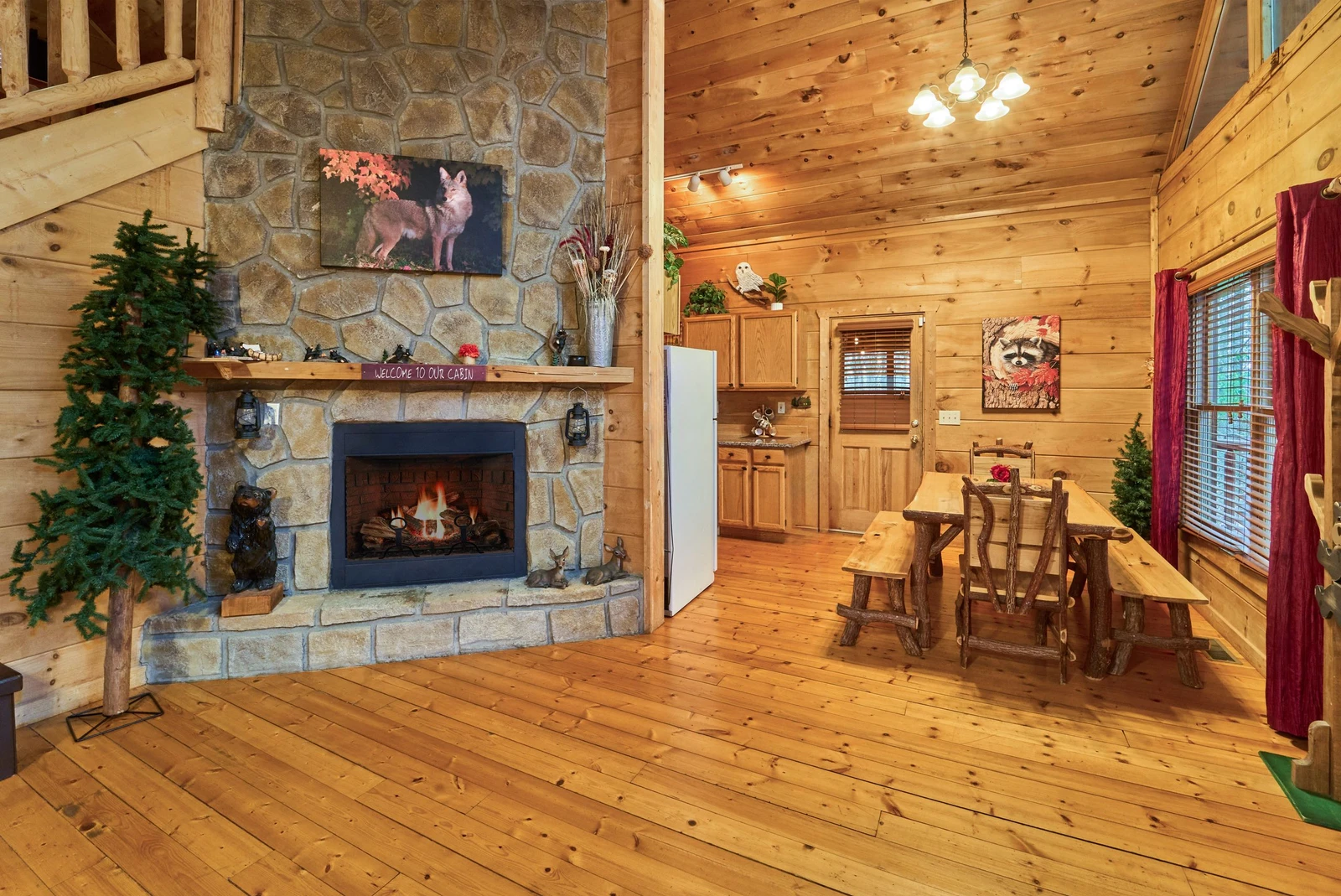 Impressive floor-to-ceiling stone fireplace to keep you cozy when the temperatures drop!