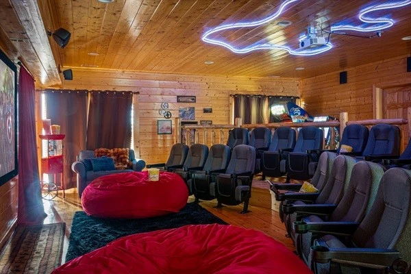 Private theater room with comfortable seating for the whole family