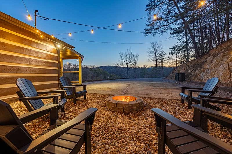 Seating around the firepit looking towards the Smoky Mountains.
