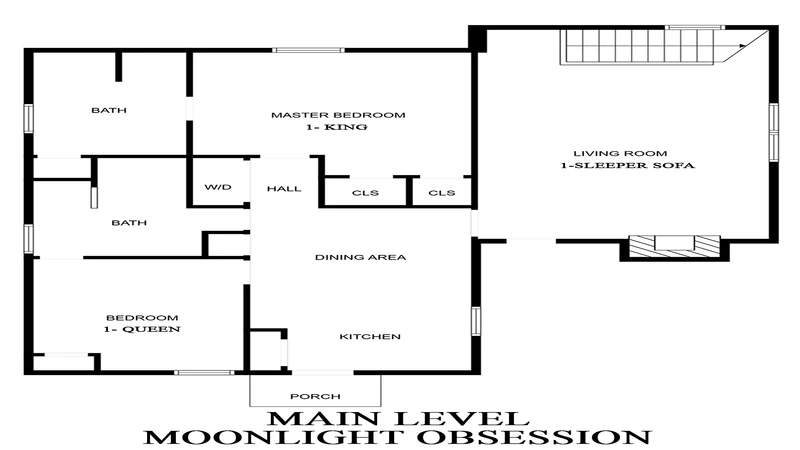 Main level floorplan for Smoky Mountains cabin rental Moonlight Obsession.