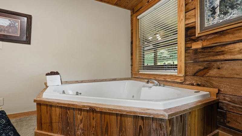 Cabin rental's second bedroom with Jacuzzi tub.