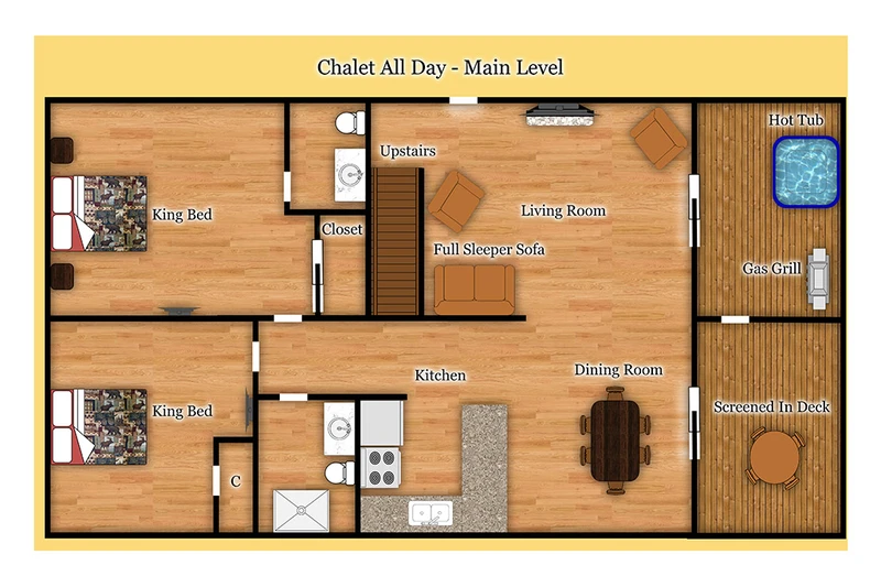 Main floor floorplan of your Gatlinburg 3 bedroom chalet.