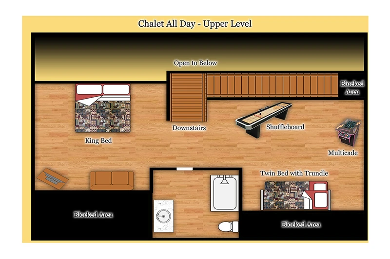 Upper floor floorplan of your Gatlinburg 3 bedroom chalet.