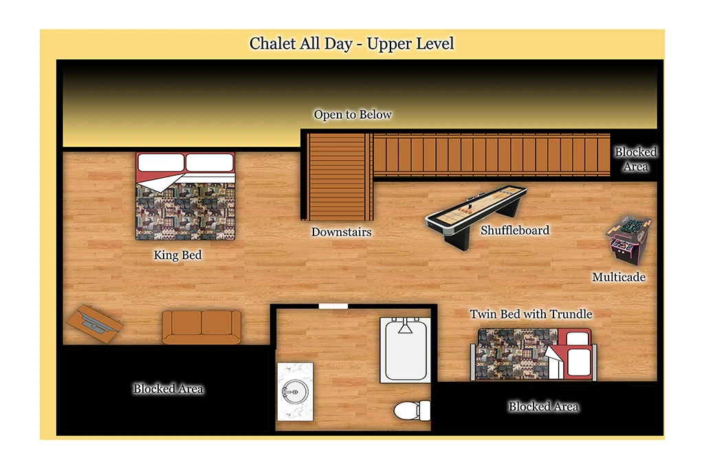 Upper floor floorplan of your Gatlinburg 3 bedroom chalet.