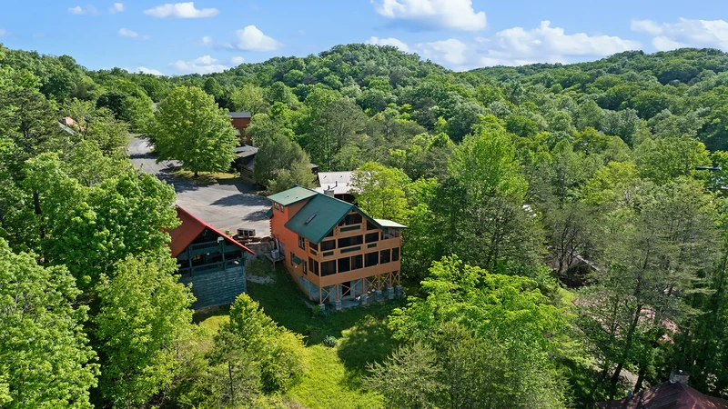 Aerial Smoky Mountains view of Moonlight Pines Lodge.