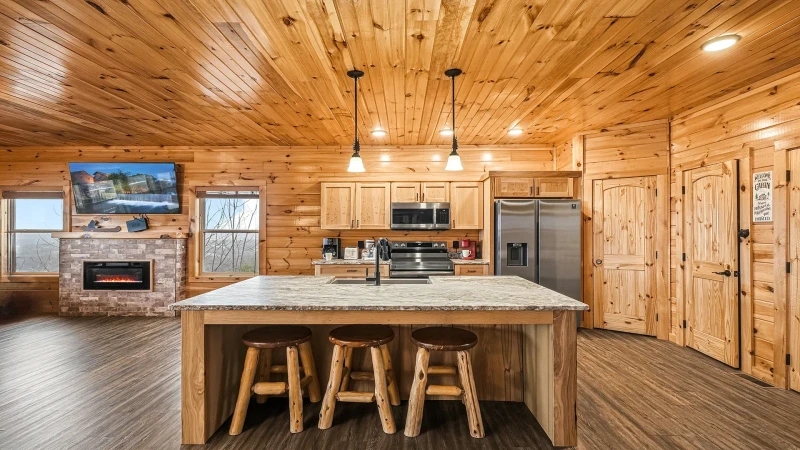 Seating for three at the cabin's center island.