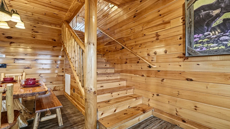 Stairs leading up to the cabin loft.
