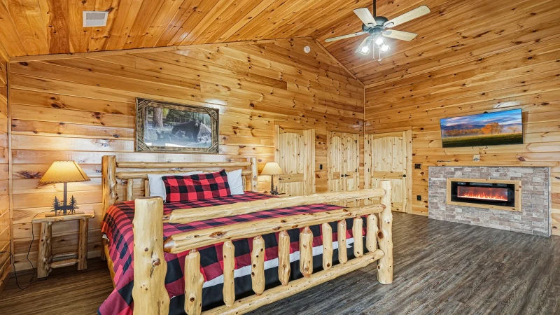 Fireplace and television in your cabi's second bedroom.