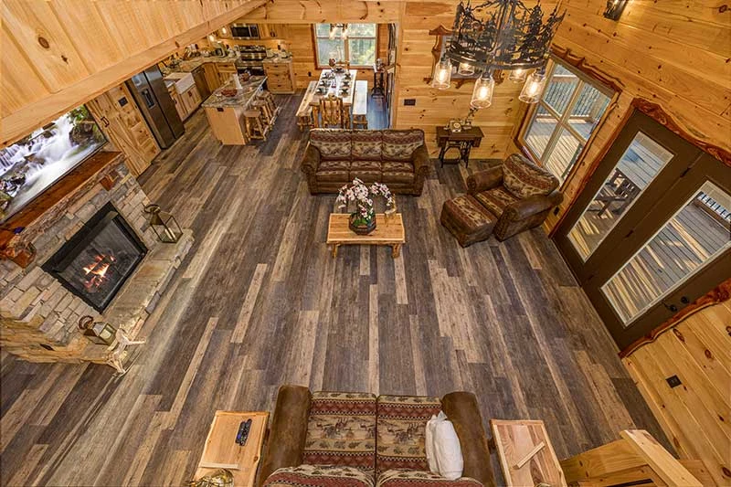 Stairs view downward your cabin rental's living-room. 