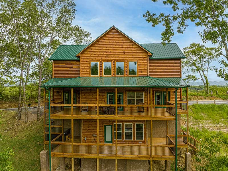 Aerial view of the cabin's two back porches.