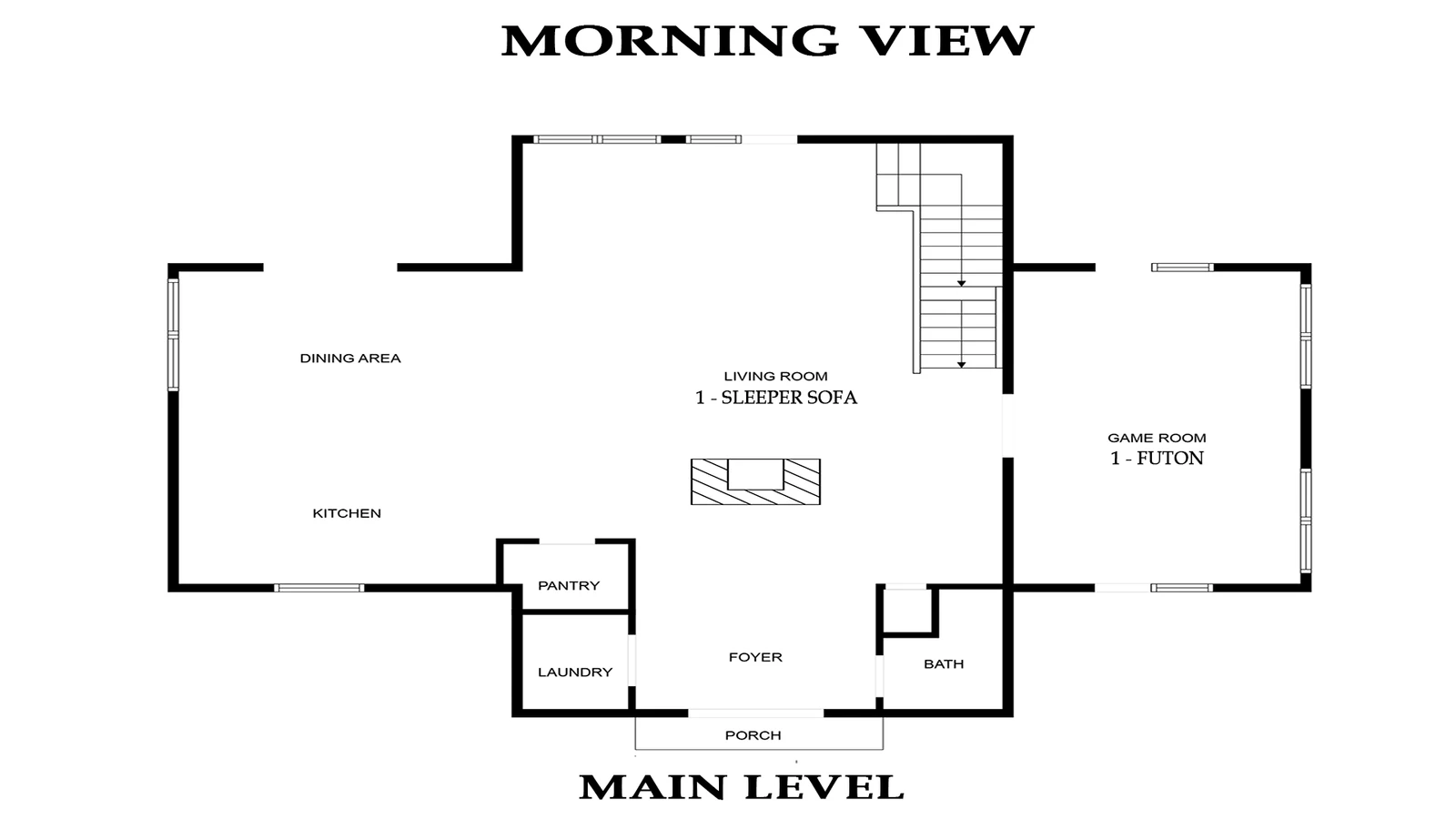Main level floorplan for Smoky Mountains cabin rental Mountain View.