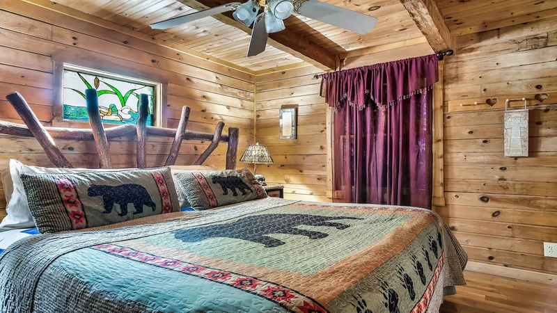 Get peaceful sleep on this king sized log bed.