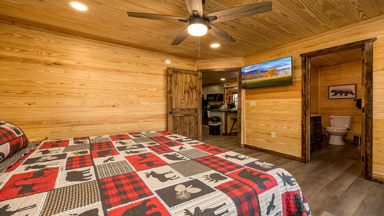 Private bath and tv for those late night shows.