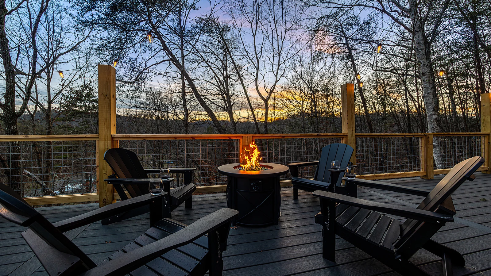 A beautiful sunset and gas fire pit from your cabin in the Smokies.
