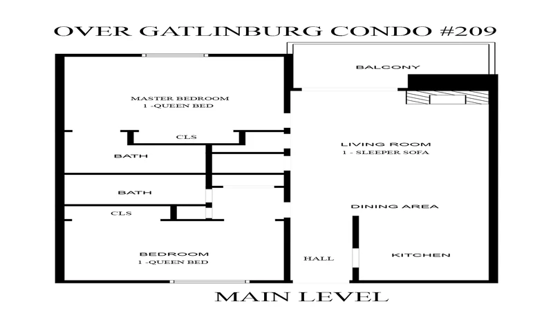 Main level floorplan for Smoky Mountains Gatlinburg condo rental Over Gatlinburg Condo 209.