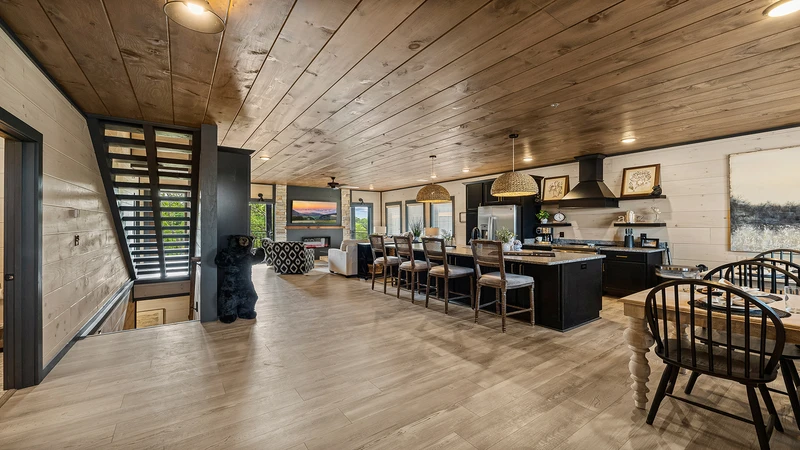Downstairs is the theater and indoor swimming pool.  Upstairs is the game room.