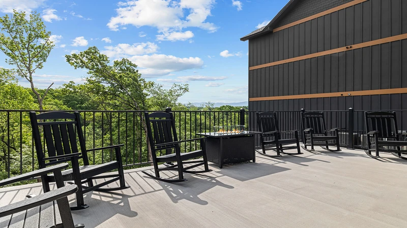 Your cabin's very large deck affords lots of seating around the gas fire pit as well as room to tan.