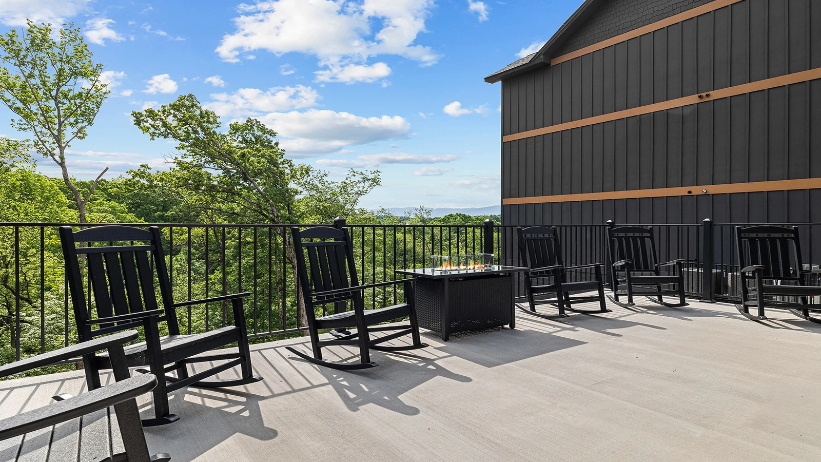 Your cabin's very large deck affords lots of seating around the gas fire pit as well as room to tan.
