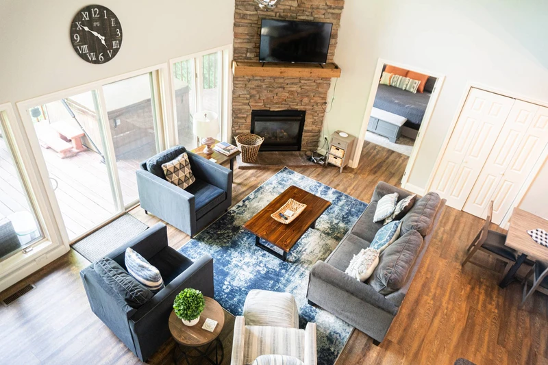Corner fireplace in your cabin's living room.