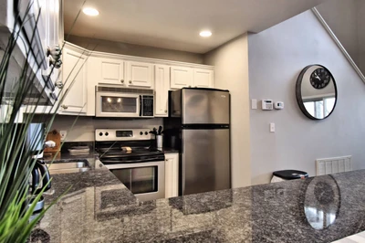 Stainless steel kitchen appliances.