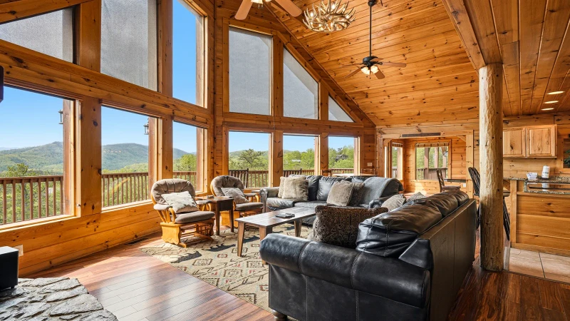 Your rental cabin's large windows bring the Smoky Mountain views indoors!