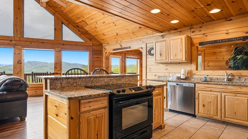 This fully equipped cabin rental kitchen makes meals easy and cheap.