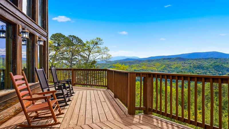 Deck views of the mountains from your cabin in the Smoky Mountains.
