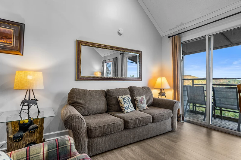 Gatlinburg condo Smoky Mountain views for living room balcony doors.