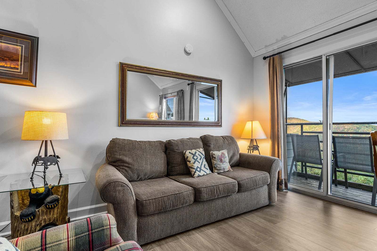 Gatlinburg condo Smoky Mountain views for living room balcony doors.