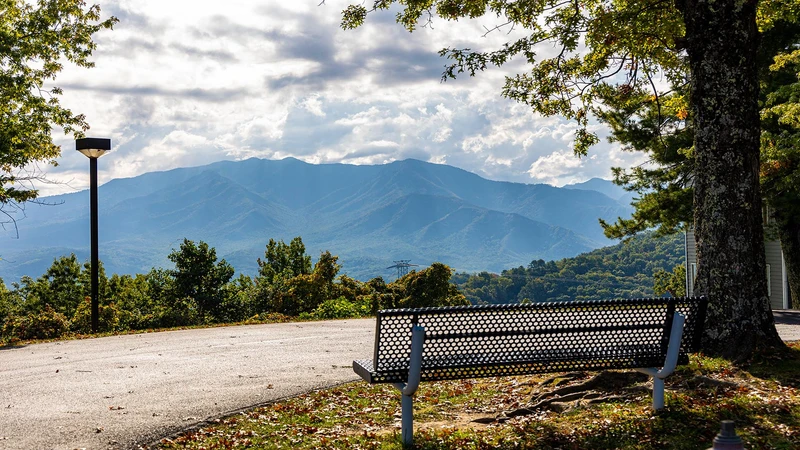 Smoky Mountain views from tree shaded bench.