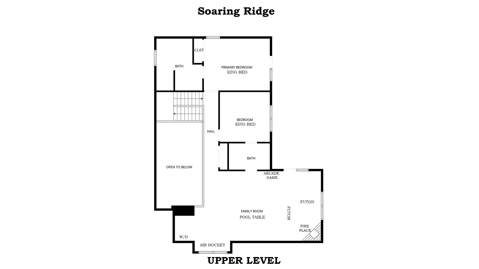 Upper level floorplan for Smoky Mountains cabin rental Soaring Ridge.