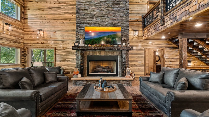 When the Smoky Mountains gets cold relax arounfd this massive floor to ceiling stacked stone fireplace.