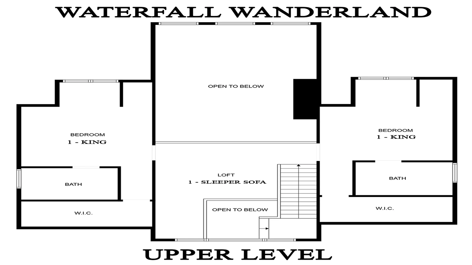 Upper level floorplan for Smoky Mountains cabin rental Waterfall Wanderland.