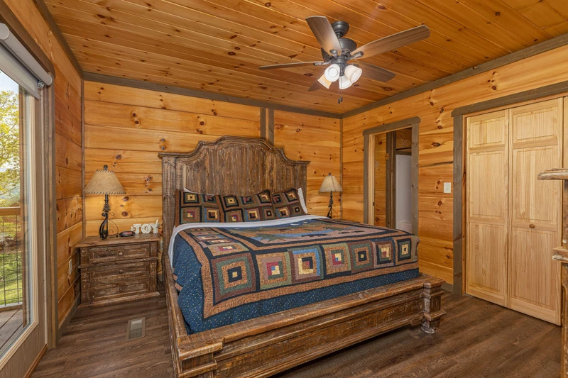 Rental cabin master bedroom on the main floor of The Appalachian.