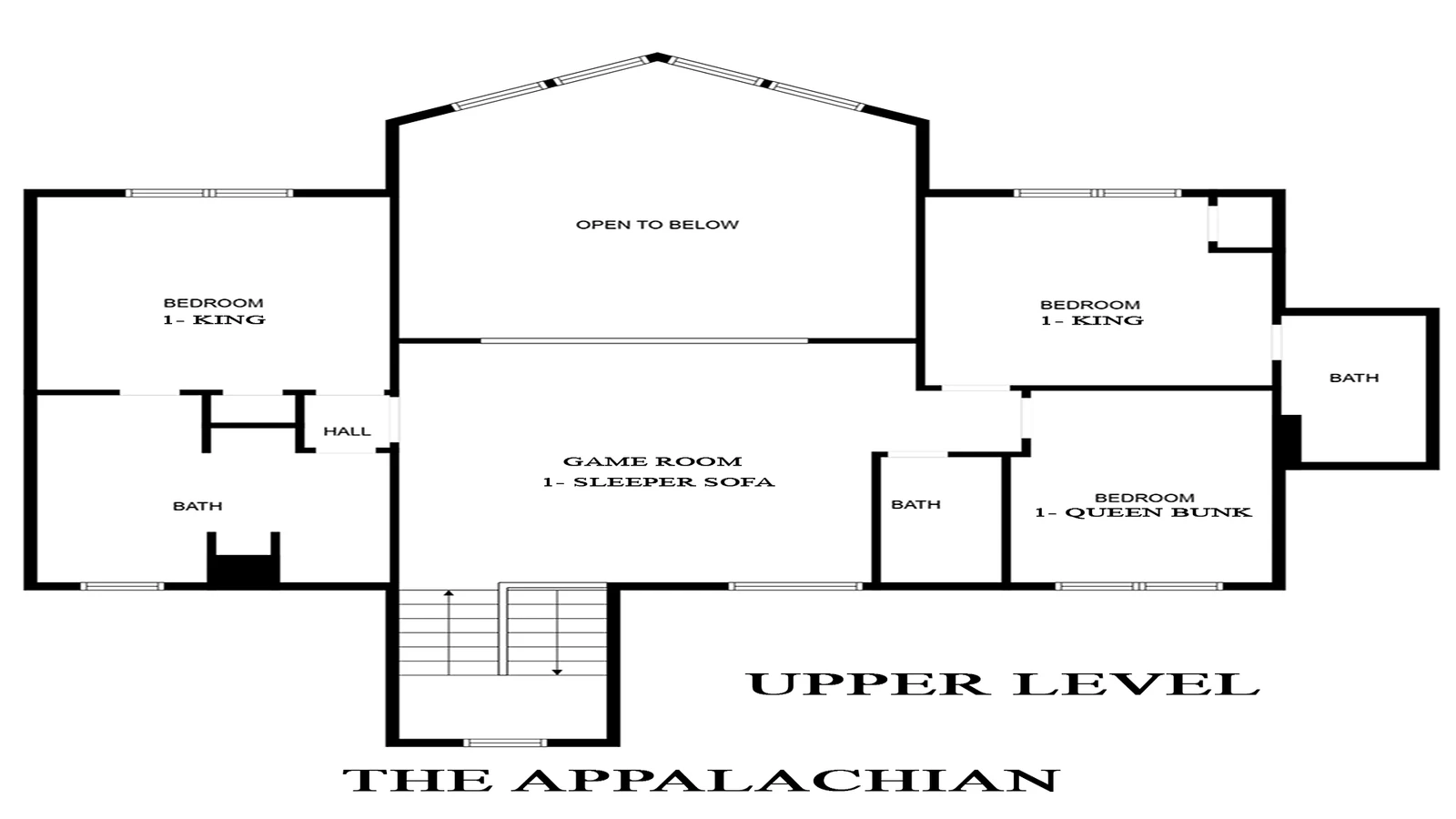 Upper level floorplan for Smoky Mountains cabin rental The Appalachian.