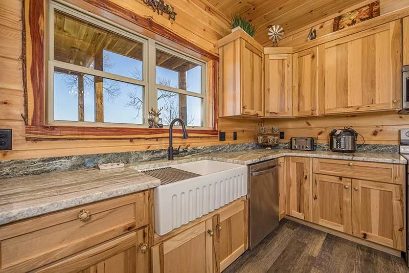 Cabin kitchen with Farmers sink. 