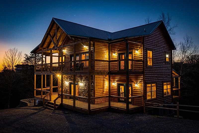 Smoky Mountains cabin as nighttime approaches.