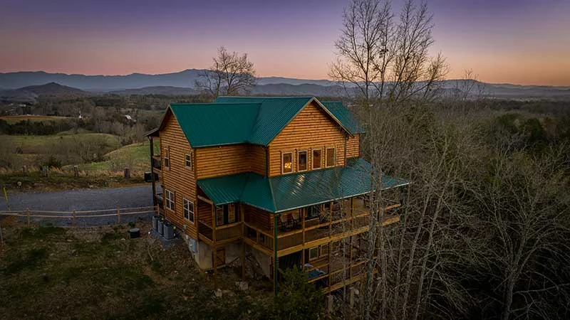 Sunset view of Sunset Peak cabin in the Tennessee Smokies.