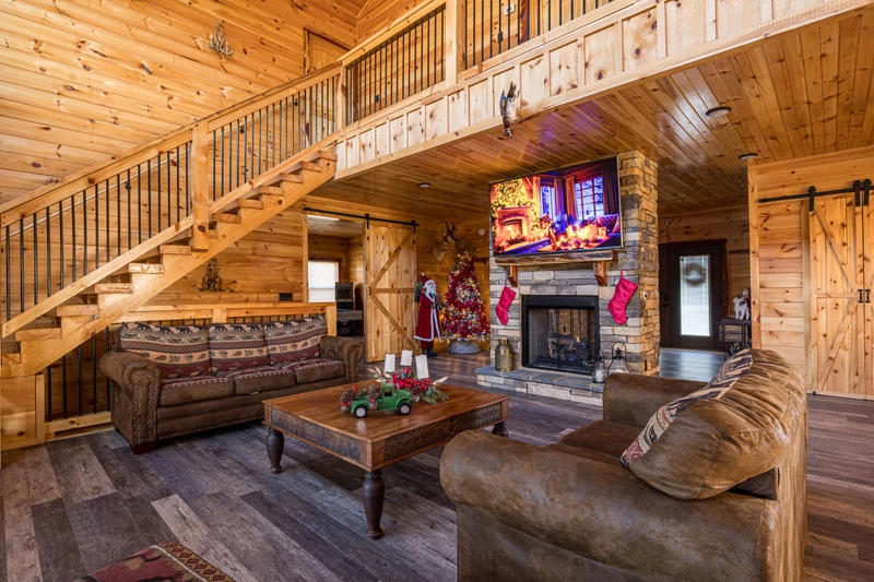 Christmas stockings hung carefully about the cabin's fireplace.