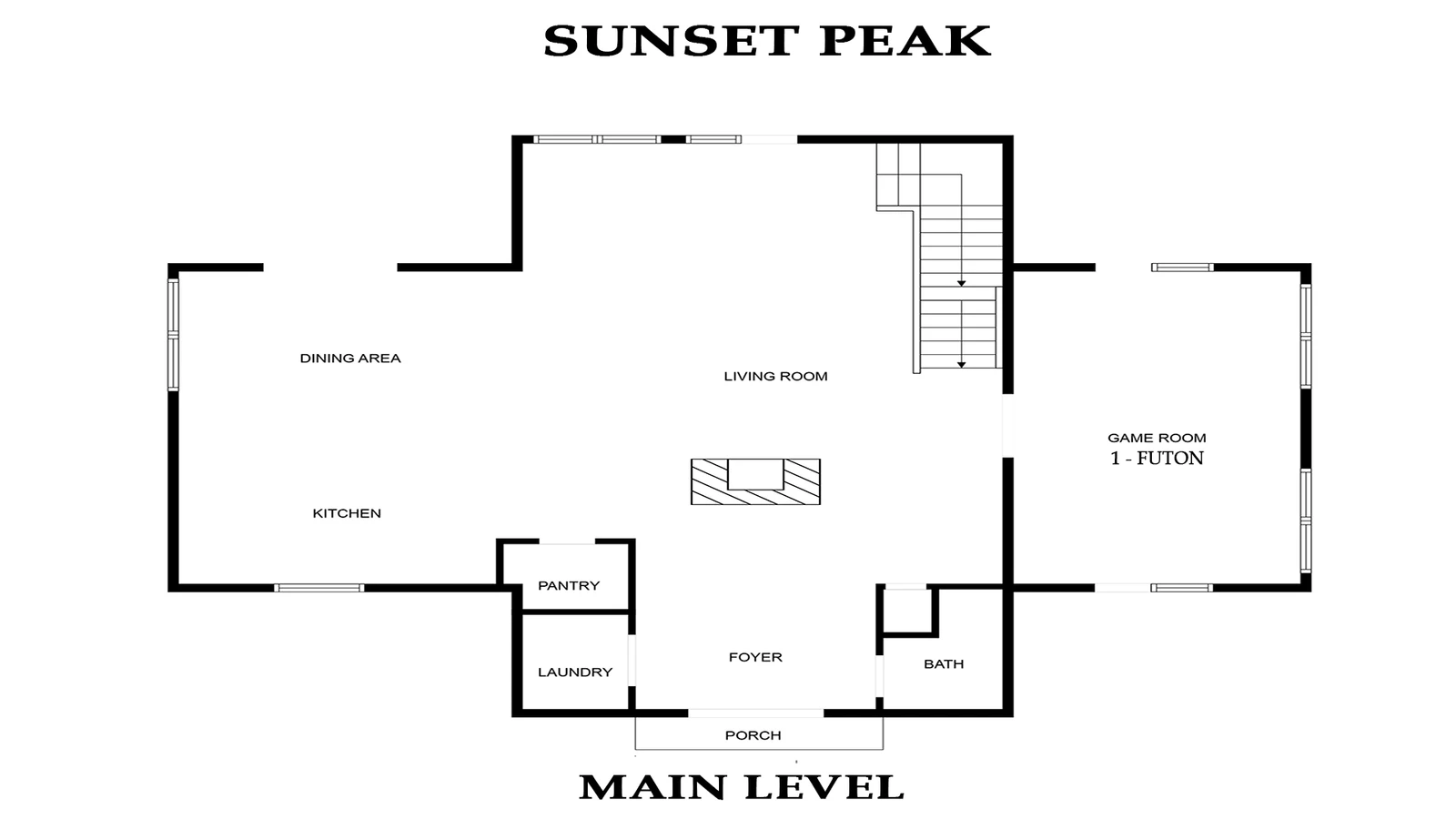 Main level floorplan for Smoky Mountains cabin rental Sunset Peak.