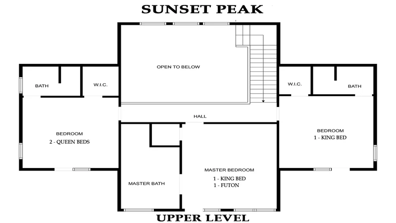 Upper level floorplan for Smoky Mountains cabin rental Sunset Peak.