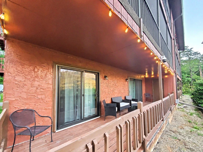 View of the covered deck in the summer