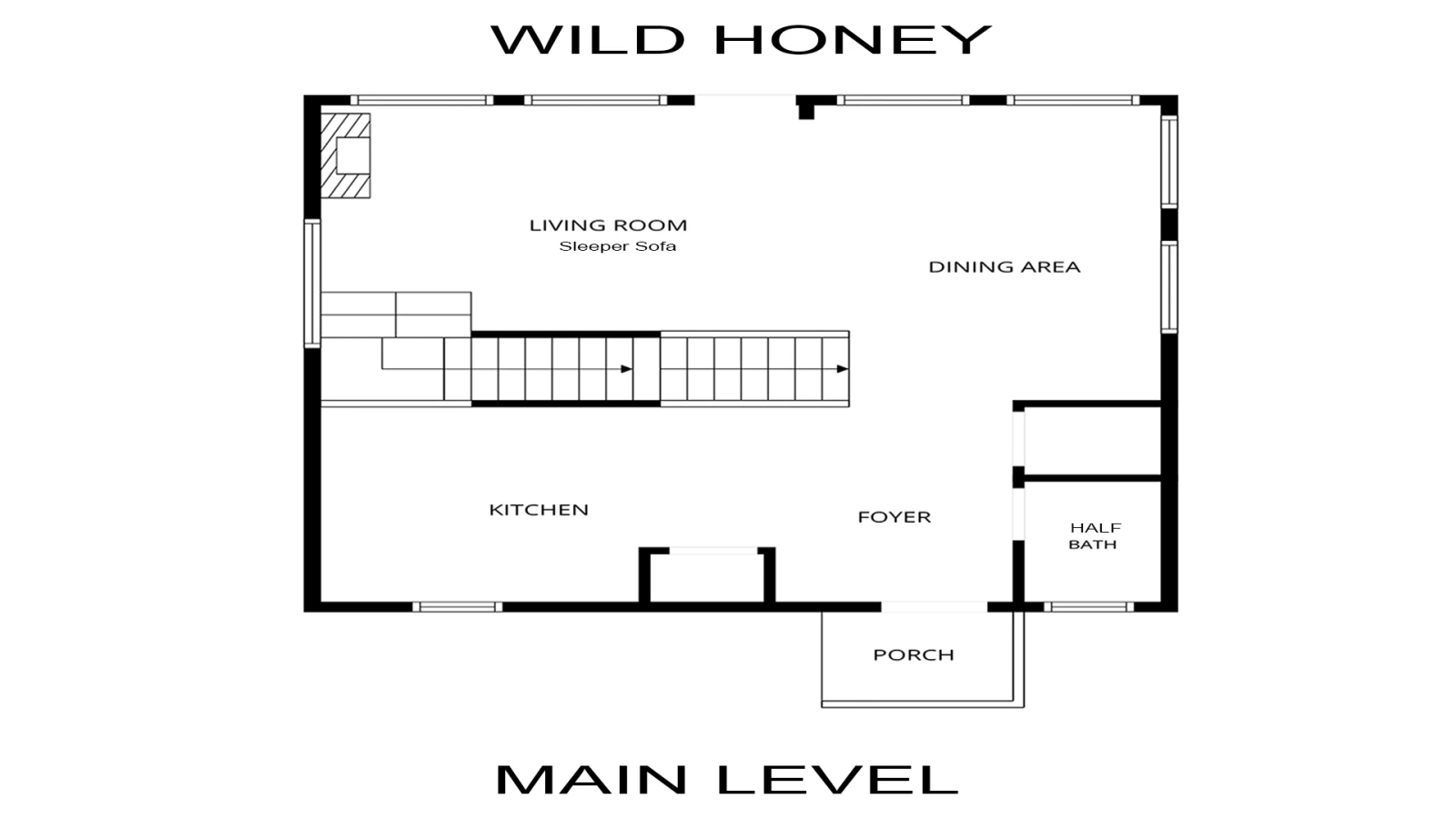Main level floorplan for Smoky Mountains cabin rental Wild Honey.