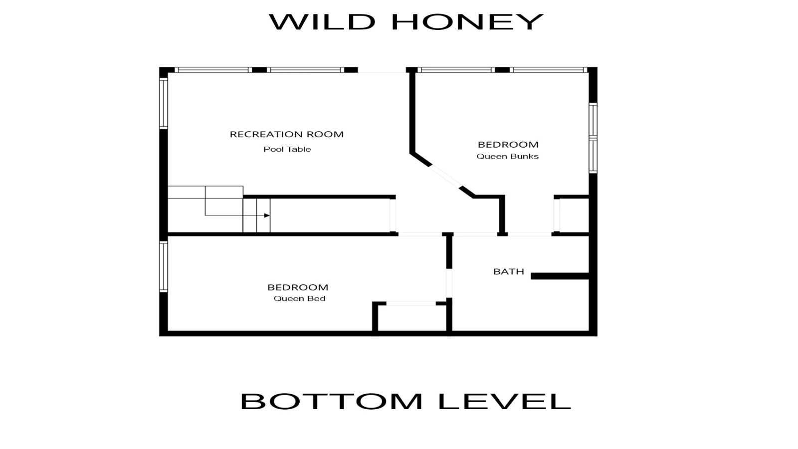 Bottom level floorplan for Smoky Mountains cabin rental Queen Bee.