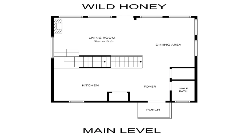 Main level floorplan for Smoky Mountains cabin rental Queen Bee.