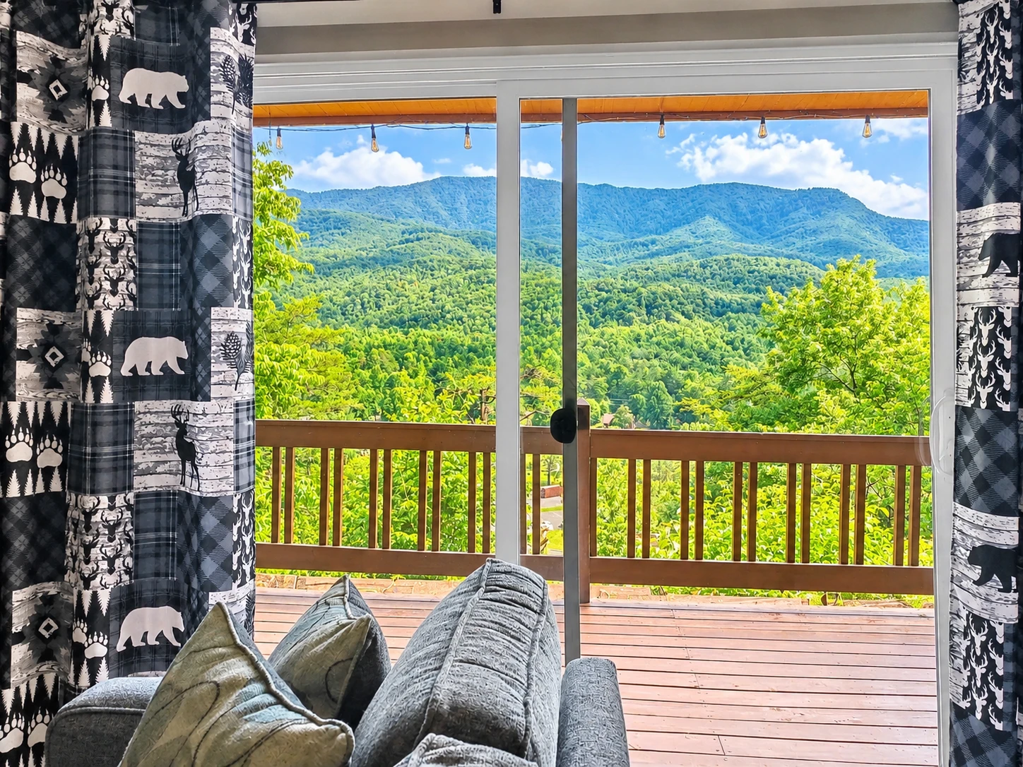 View from the living room of the mountains through the oversized patio slider