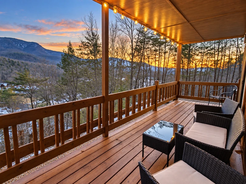 Sunset view from the 30-foot wide covered deck at Gatlinburg Landing
