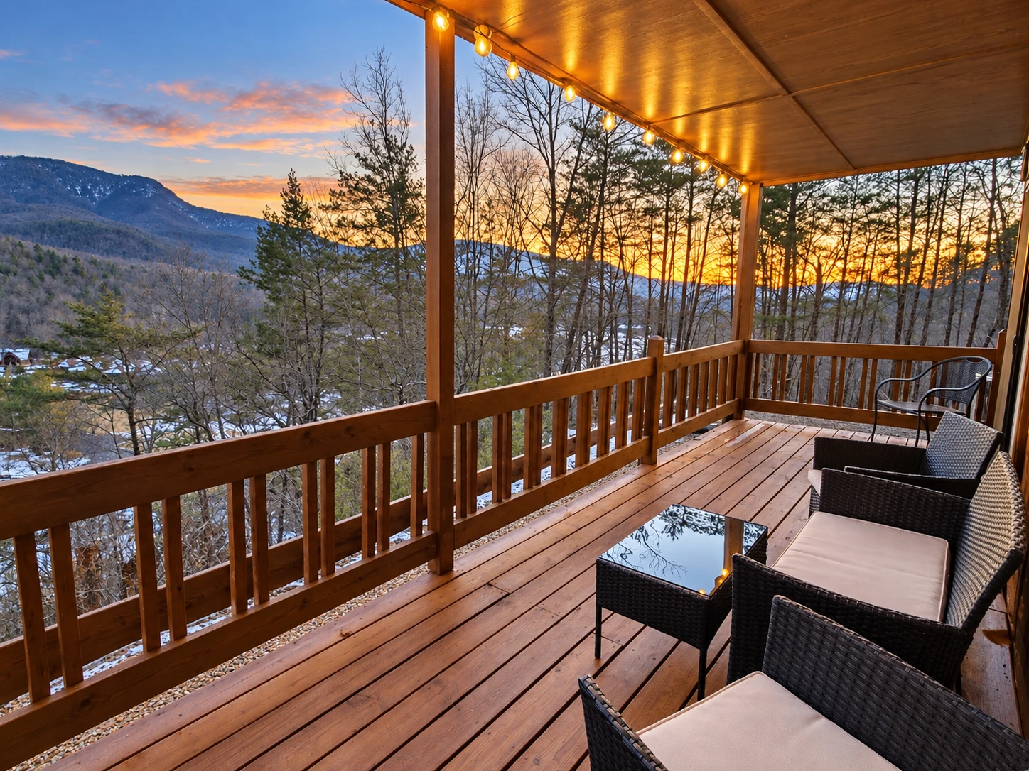 Sunset view from the 30-foot wide covered deck at Gatlinburg Landing